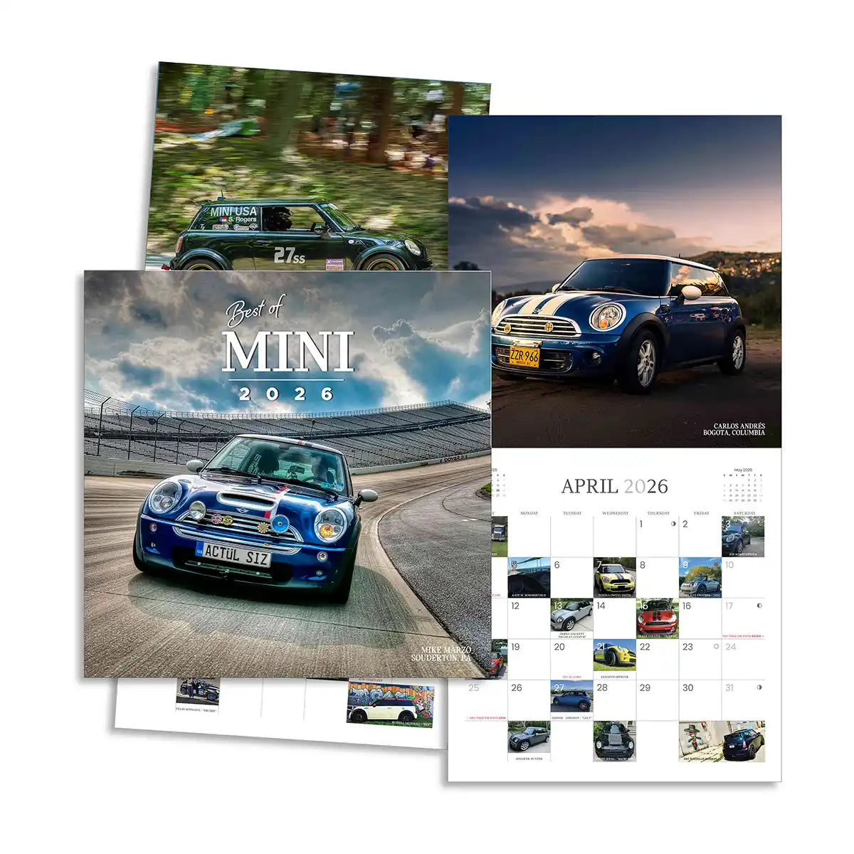 Best of MINI 2026 wall calendar collage featuring MINI Cooper photography, cover design, and April 2026 calendar layout.