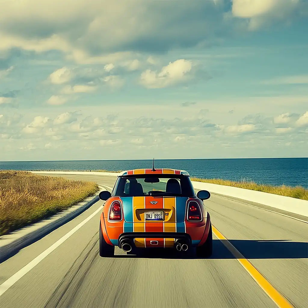A multi-colored MIINI driving on an open beach road.