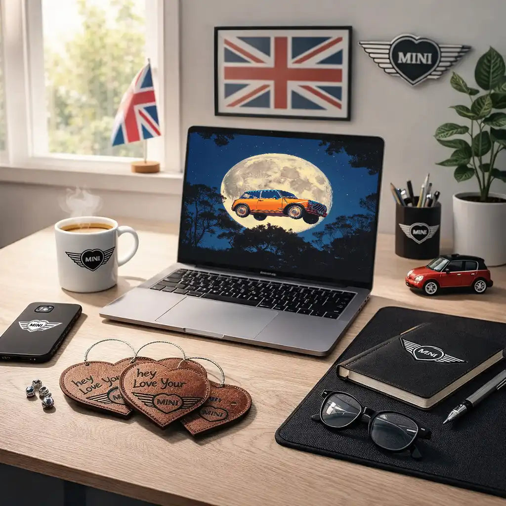 MINI-themed items in a home-office setting.