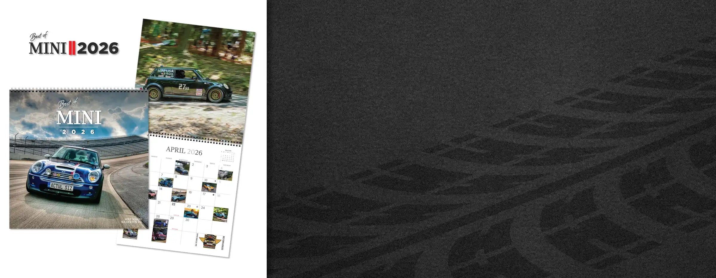 Best of MINI 2026 wall calendar preview showing cover and interior pages with MINI Cooper photography on a dark textured background.