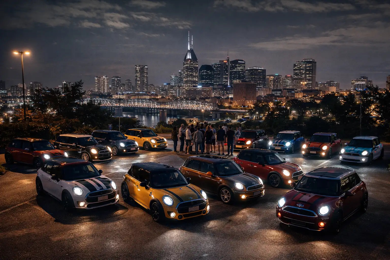 MINI Cooper owners gathered for a nighttime meetup overlooking a city skyline, representing the awesome MINI community.